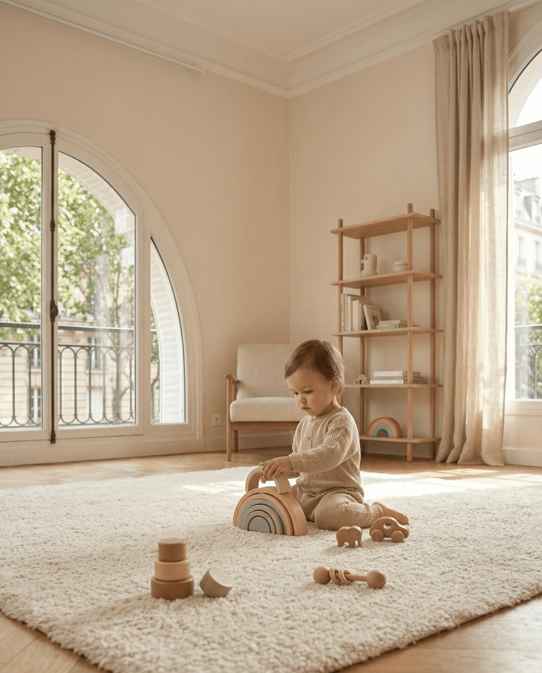 Dete koje se igra drvenom Bajkovito igračkom u toplom prirodnom svetlu