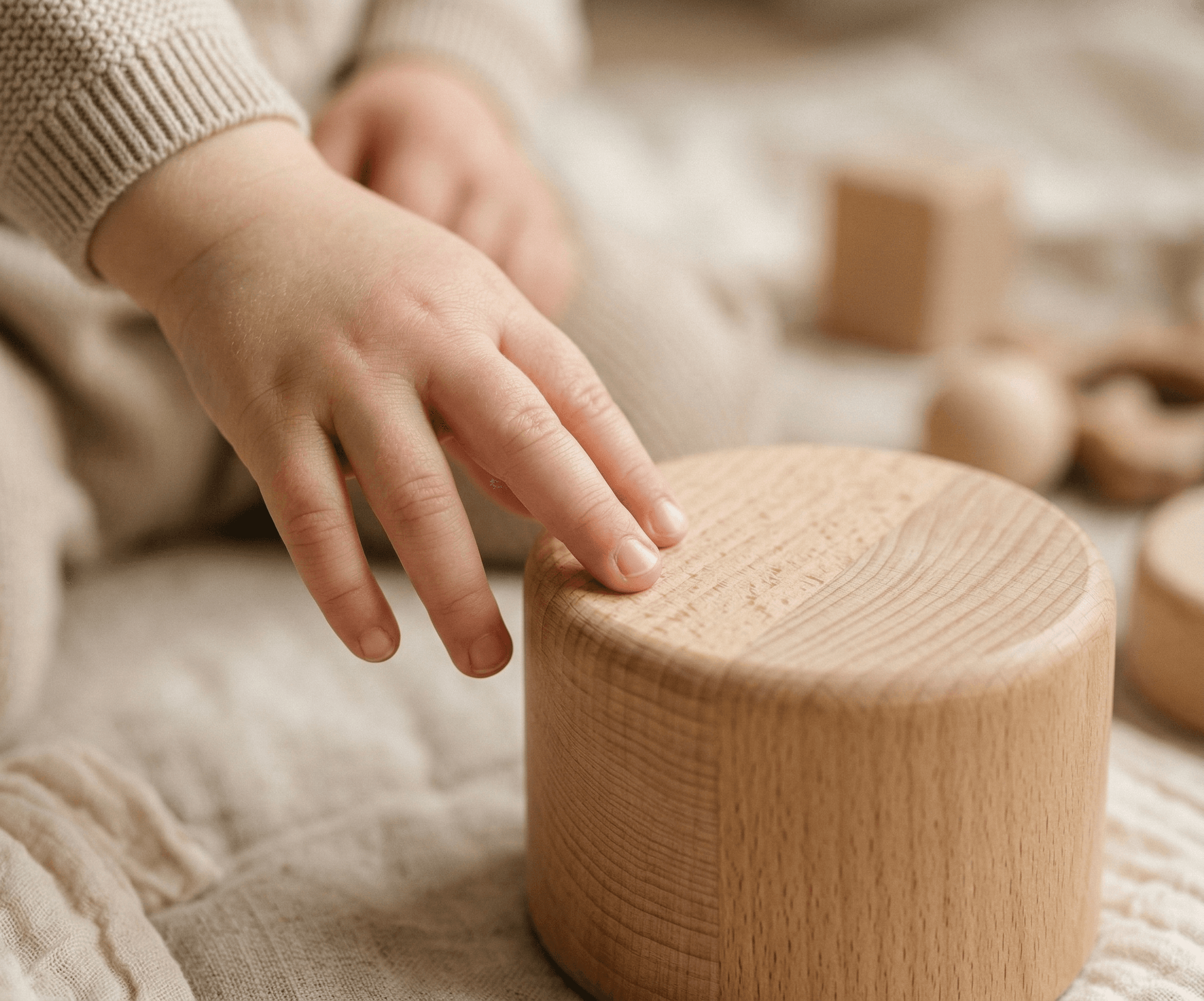 Makro detalj drvene igračke i detetove ruke na glatkoj površini